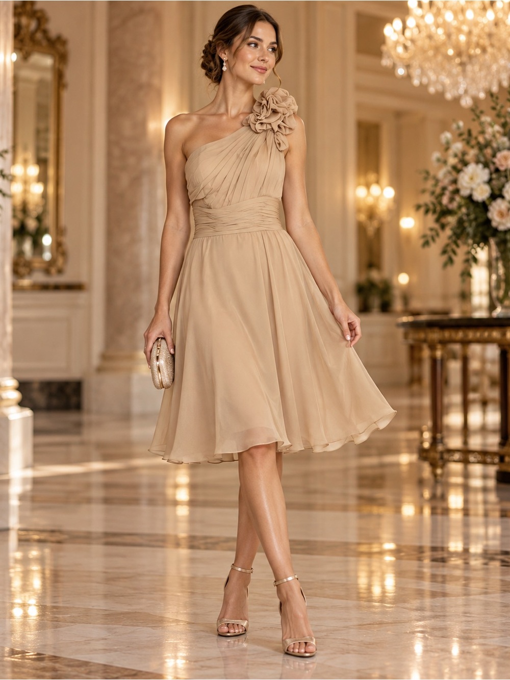 Allure Bridals Mocha One Shoulder Rosette Chiffon Bridesmaid Dress